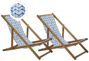 Világos akácfa napozószék kétdarabos szettben fehér/kék üléshuzattal ANZIO  Beliani