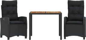 vidaXL 3 részes fekete polyrattan kerti étkezőgarnitúra párnákkal