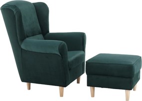 Füles fotel puffal, szövet smaragd, ASTRID