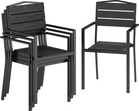 Outsunny kerti székek – 4 darab egymásra rakható teraszszék lécezett dizájnnal és kartámasszal, időjárásálló erkélyszékek (120 kg teherbírás), fekete,