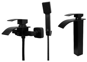 Gamma Elva Fürdőkádtöltő és Magasított Mosdó Csaptelep Szett - Vízesés vízsugarú, Fekete