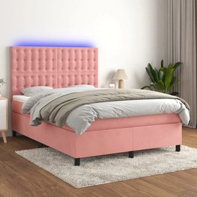rózsaszín bársony rugós és LED-es ágy matraccal 140x190 cm