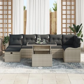 8 darabos kerti kanapé szett párnákkal, világosszürke poli rattan, 2 személyes kerti kanapé tárolóval és párnákkal, világosszürke poli rattan