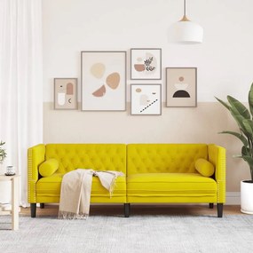 3 személyes sárga bársony Chesterfield kanapé hengerpárnákkal