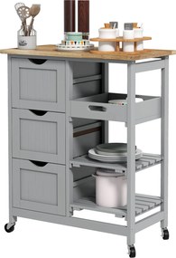 HOMCOM Konyhai Kocsi Kerekekkel Fából készült Felülettel, 3 Fiókos, 2 Nyitott Polcos, Eltávolítható Tálcás a Nappaliba, Étkezőbe - 67x37x85.5 cm | Aos