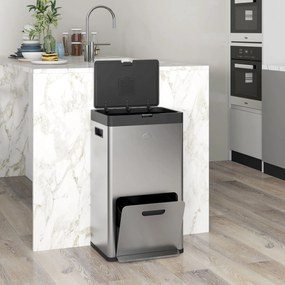 HOMCOM 56L Konyhai Szelektív Kukás, Kerekekkel, 3 Rekesszel, Lágyan Záródó Fedéllel, Széles Pedállal, Ujjlenyomat- és Szagálló Ezüst | Aosom