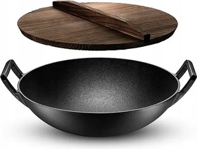 Öntöttvas wok hagyományos kínai fa fedővel nagy 36,5 cm