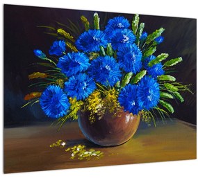 Kék virágok képe egy vázában (üvegen) (70x50 cm)