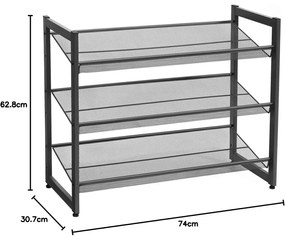 Cipőtartó polc 3 szintes fém háló polcokkal, fekete 74x30x62cm