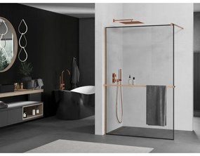 Mexen Kioto+, Walk-In zuhanyparaván polccal és akasztóval 80 x 200 cm, 8 mm átlátszó üveg fekete mintás, réz matt profil, 800-080-121-65-70