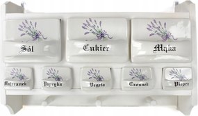 Fűszertartó állvány 3+5 kerámia fiókkal, levendula motívummal díszítve