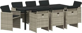 vidaXL Kert étkező szett párnával 9 pcs Világosszürke polirattan