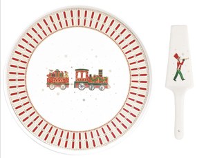 Karácsonyi porcelán kisvonatos tortaál lapáttal 32 cm Polar Express