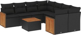 vidaXL 9 részes fekete polyrattan kerti ülőgarnitúra párnákkal