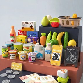 Intelligens pénztárgép gyerekeknek, 77 darabos, szkennerrel, hangvezérléssel, szállítószalaggal, mérleggel és élelmiszerekkel