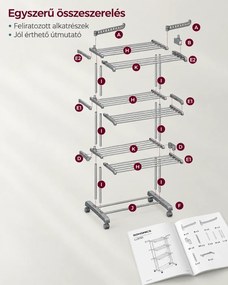 SONGMICS 4 szintes összecsukható ruhaszárító állvány, 3 szárítószinttel, cipőtartóval és görgőkkel, 126 x 64 x 172 cm, max. 35 kg, szürke