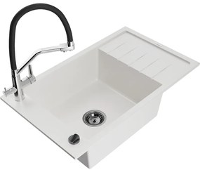 Mexen Elias gránit mosogató 1-medencés csepegtetővel és Duo konyhai csapteleppel, fehér - 6511-20-671701-07-B