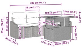 5 Részes Kert Étkezőszett Párnákkal, Fekete Poli Rattan Akáccal