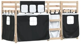 fehér/fekete tömör fenyőfa emeletes ágy függönyökkel 75x190 cm