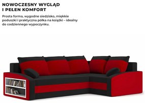 Grande sarokkanapé polcokkal , polc a bal karfaban, jobboldali, szövet anyag, bonell töltet, fekete - piros