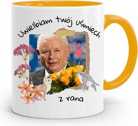Sárga Vicces Bögre Jaroslaw Kaczynski felirattal, fényképpel