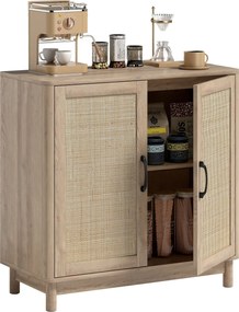 HOMCOM Boho tálalószekrény rattan ajtókkal, állítható polccal és lekerekített élekkel — tölgyfa hatás, 76 x 35 x 75,5 cm | Aosom