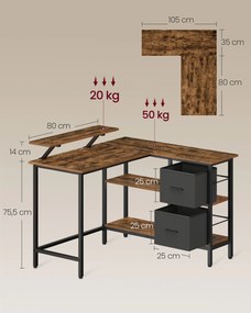 L alakú íróasztal 2 tágas fiókkal, sarokasztal állítható polccal, rusztikus barna