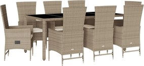 vidaXL 9 részes bézs polyrattan kerti étkezőgarnitúra párnákkal