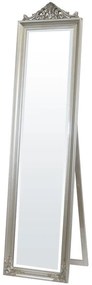 Négyszögletes élcsiszolt álló tükör faragott ezüstre antikolt keretben 176x45x5,5-48cm