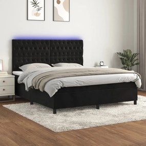 fekete bársony rugós és LED-es ágy matraccal 160x200 cm