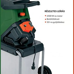 CHIP kerti aprítógép/daráló 50 literes gyűjtőtartállyal, 3100W fekete/zöld Gardebruk