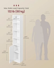 Könyvespolc, 6-szintes Magas Könyvespolc ajtóval,  24 x 31,8 x 175 cm, Felhőfehér