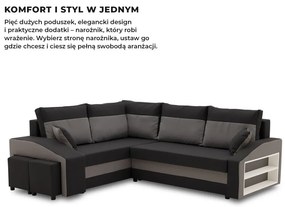 Grande sarokkanapé polcokkal és puffokkal , polc a jobb karfaban puffok a bal karfaban, baloldali, szövet anyag, hab töltet, fekete - szürke