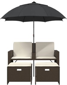 2 személyes barna polyrattan kerti kanapé napernyővel/székkel