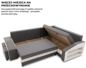 Grande sarokkanapé polcokkal és puffokkal , polc a jobb karfaban puffok a bal karfaban, jobboldali, szövet anyag, hab töltet, szürke - fehér