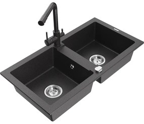 Mexen Mario, 2 kamrás gránit mosogató 820x436x161 mm és fekete pettyes Duero mosogató csaptelep, fekete pettyes, 6504-76-671600-76