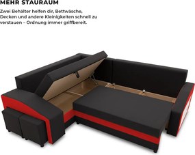 Grande sarokkanapé polcokkal és puffokkal , polc a jobb karfaban puffok a bal karfaban, baloldali, szövet anyag, bonell töltet, fekete - piros