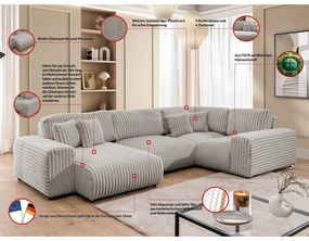 Világosszürke kordbársony sarokkanapé (jobb oldali-U alakú) Justin – Ropez