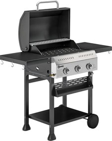 Gázgrill 9 KW 3 égős BBQ grillkocsi rozsdamentes acélból, összecsukható oldalsó asztallal, fűszertartóval