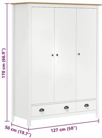 Hill fehér 3 ajtós tömör fenyőfa ruhásszekrény 127x50x170 cm