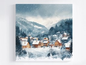 Poszter Tél Tájkép Hegyek Falu Település Házak Hó Erdő 80x80