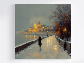 Canvas Vászonkép Budapest Tél Parlament Lámpások Duna 80x80