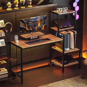 HOMCOM Íróasztal monitorállvánnyal, szintes polccal, Ipari Design, barna