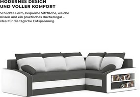 Grande sarokkanapé polcokkal , polc a jobb karfaban, jobboldali, szövet anyag, bonell töltet, szürke - fehér