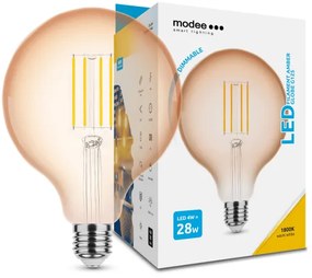 LED lámpa , égő , izzószálas hatás , filament  , E27 foglalat , G125 , 4 Watt , dimmelhető , meleg fehér , 1800K , borostyán sárga , Modee