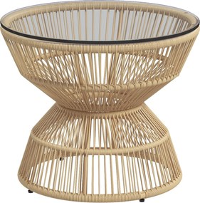 Outsunny Rattan Oldal asztal, Ø60 cm Kávézóasztal Kertasztal Edzett Üveg Asztallappal, Balkon Asztal Boho Dizájnban, Kávézóasztal a Kerthez, Balkonhoz