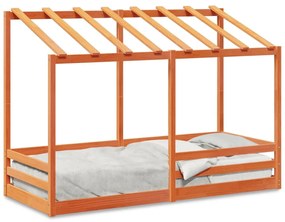 viaszbarna tömör fenyőfa gyerekágy tetővel 75 x 190 cm