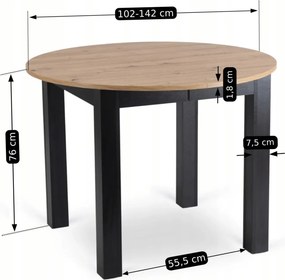 szett étkezőasztal HARRY 102-142 cm artisan tölgy/fekete és 6 szék PERU fekete