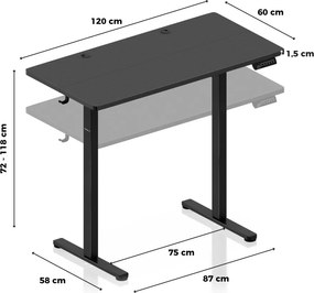 Elektromos íróasztal 72-118 cm állítható, LED panel, 120×60 cm, fekete