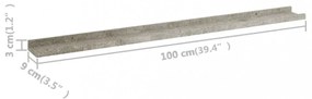 2 db betonszürke fali polc 100 x 9 x 3 cm